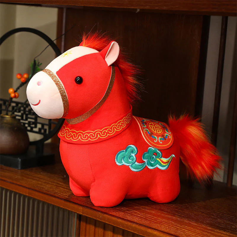 Buddha Stones Year Of The Horse Auspicious Cloud Pattern Stuffed Red Pony Plush Doll Home Decoration
