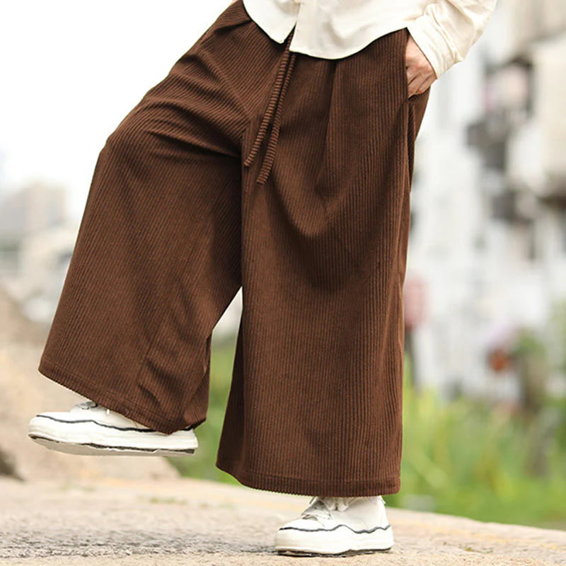 Buddha Stones Fall Solid Color Drawstring Design Men's Corduroy Wide Leg Pants With Pockets