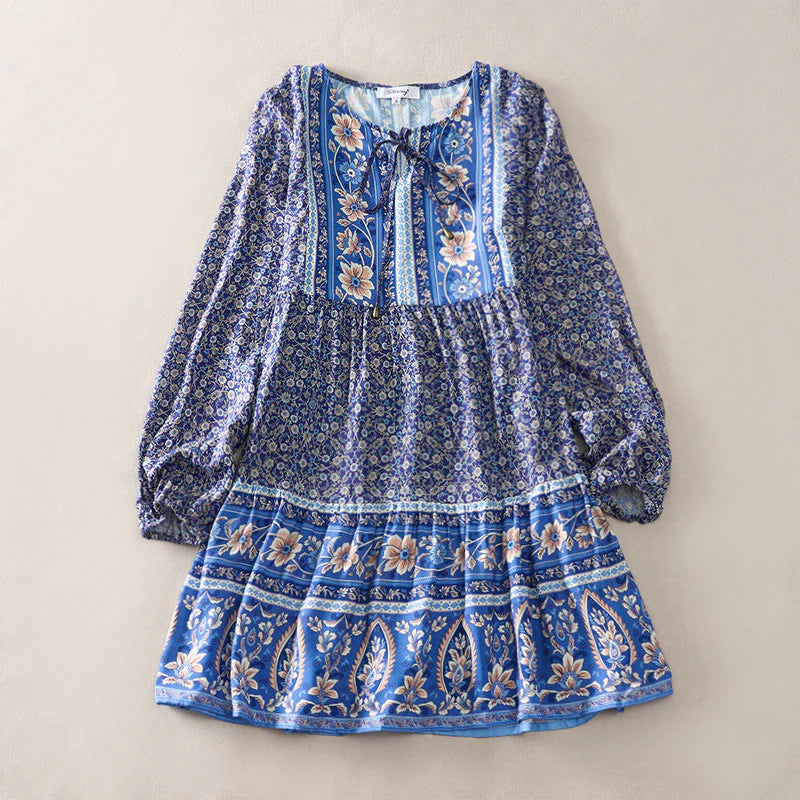 Buddha Stones Fall Boho Floral Paisley Cotton Bracelet Sleeve Women's Mini Dress with Puff Sleeves and Tie Neck