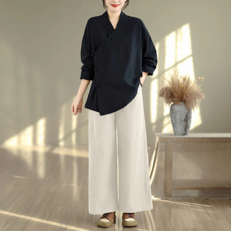 Buddha Stones 2Pcs V-Neck Long Sleeve Shirt Wide Leg Pants Zen Meditation Women's Set