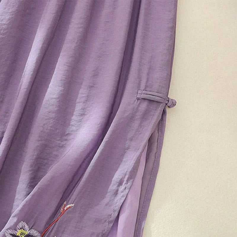 Buddha Stones Artistic Embroidery Flower Double Layer Chinese Frog Button Split Cotton Linen Women's Wide Leg Pants
