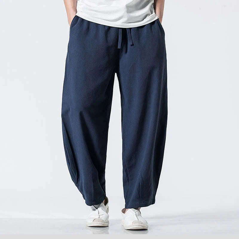 Buddha Stones Drawstring Elastic Waist Ankle-Length Men's Cotton Pants With Pockets