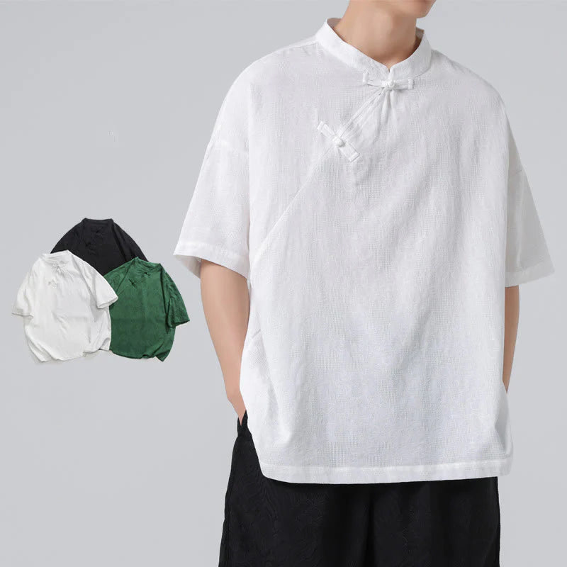 Buddha Stones Retro Pure Color Frog-Button Design Jacquard Flower Pattern Men's Short Sleeve Cotton Linen Shirt