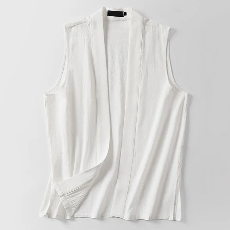 Buddha Stones Spring Pure Color Open Front Design Men's Cotton Linen Sleeveless Kimono