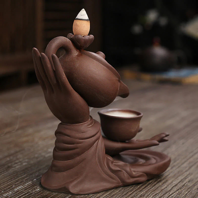 Buddha Stones Buddha Hand Holding Teapot Cup Ceramic Backflow Smoke Fountain Healing Incense Burner Decoration