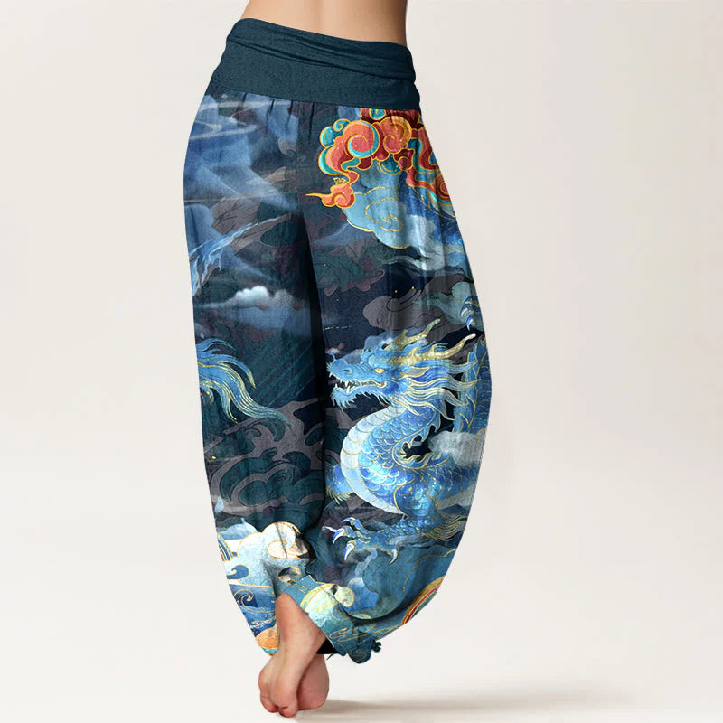 Buddha Stones Pure Cotton Gorgeous Dragon Cloud Rainbow Pattern Women's Elastic Waist Harem Pants
