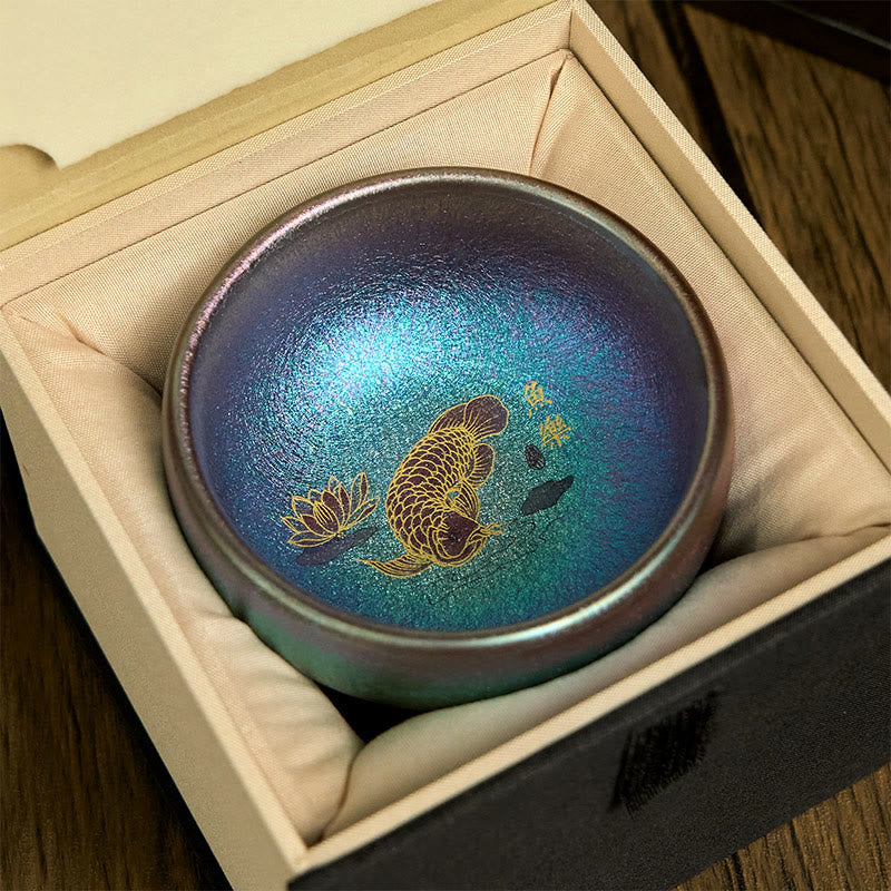 Buddha Stones Handmade Chinese Jianzhan Koi Fish Lotus Leaf Ceramic Teacup Kung Fu Tea Cup 150ml