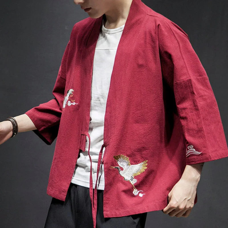 Buddha Stones Embroidery Open Front Jacket Cotton Linen Men's Three Quarter Sleeve Kimono