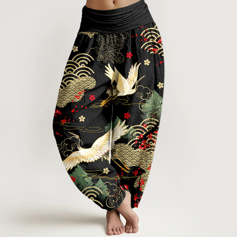 Buddha Stones Print Crane Auspicious Clouds Flowers Pattern Women's Elastic Waist Harem Cotton Pants