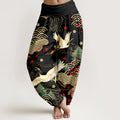 Buddha Stones Print Crane Auspicious Clouds Flowers Pattern Women's Elastic Waist Harem Cotton Pants