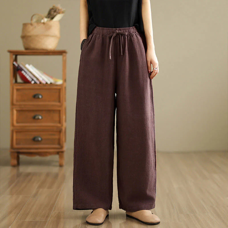 Buddha Stones Commute Retro Solid Color Women's Harem Drawstring Cotton Pants With Pockets