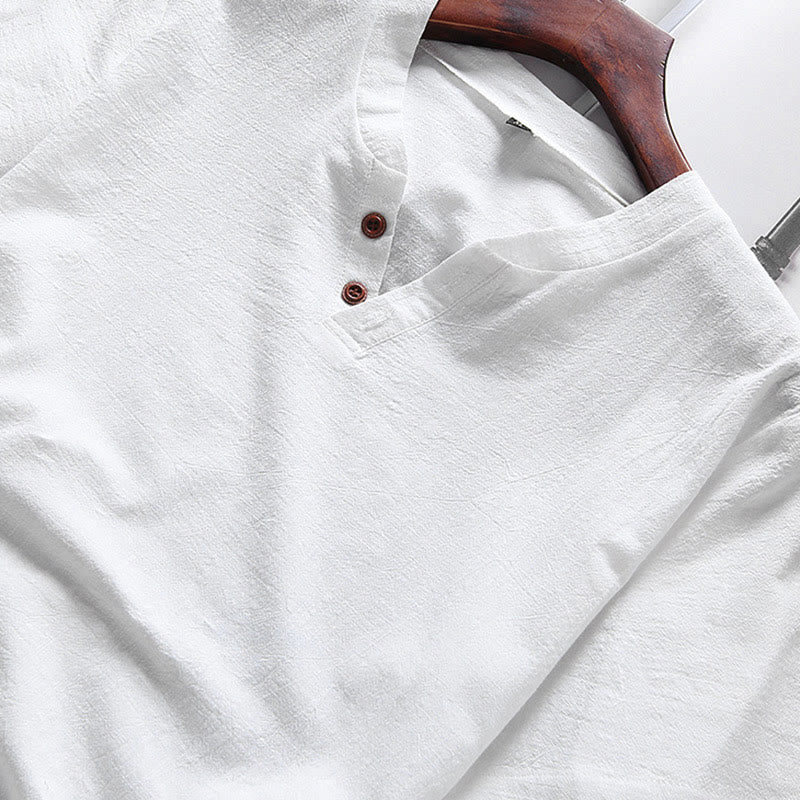 Buddha Stones Casual 2Pcs Plain Sleeve T-Shirt Shorts With Pockets Cotton Linen Men's Meditation Cloth Set