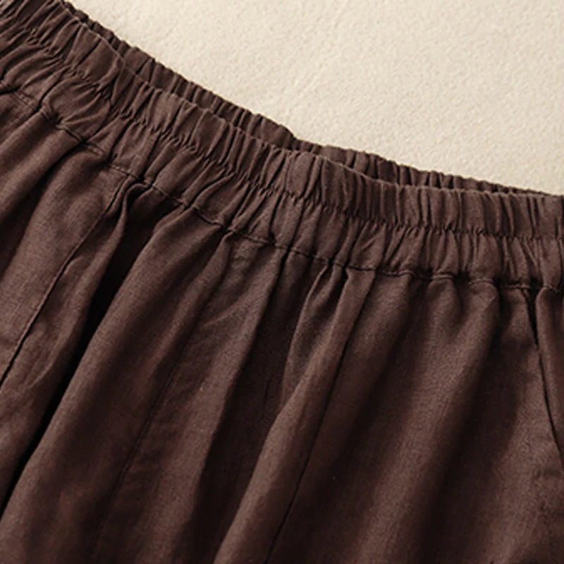 Buddha Stones Summer Casual Plain Cotton Linen Women's Elasti Straight Shorts With Pockets