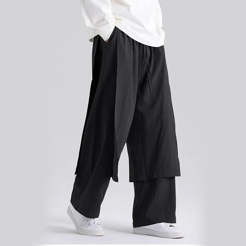 Buddha Stones Plain Patchwork Design Men's Cotton Pants With Pockets