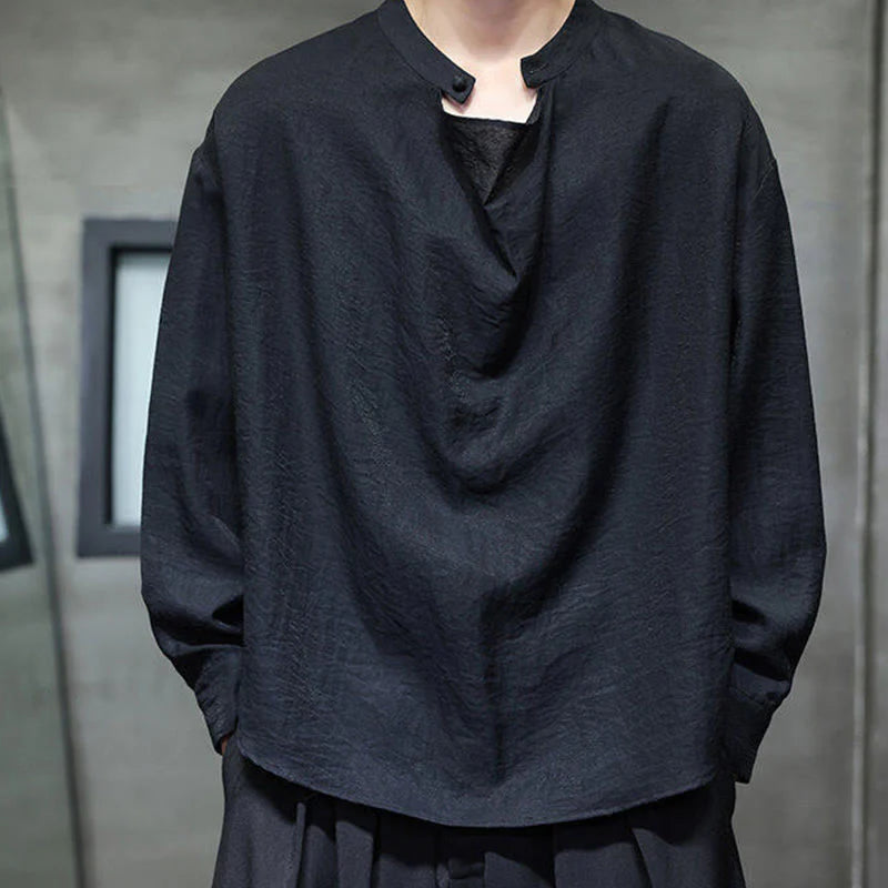 Buddha Stones Spring Solid Color Pleated Stand Collar Design Tang Suit Men's Long Sleeve Linen Shirt