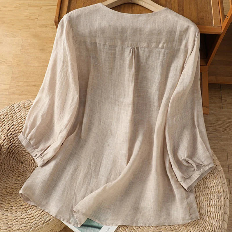 Buddha Stones Casual Embroidery Single Breasted Button Polyester Half Sleeve Women's V-neck Shirt