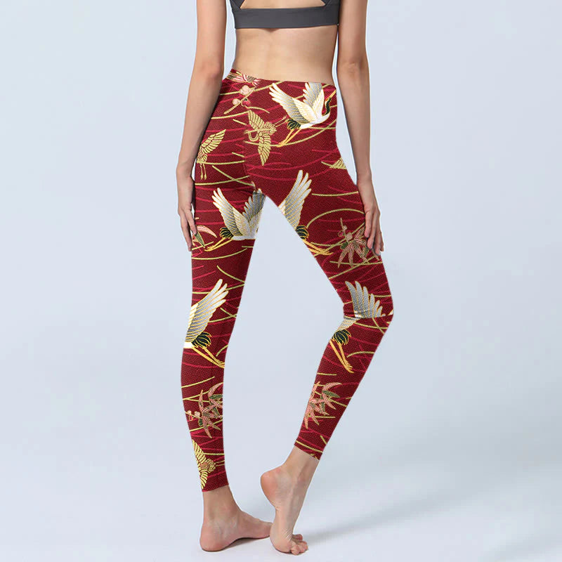 Buddha Stones Flying Cranes Slender Branches Print Gym Leggings Women's Yoga Pants