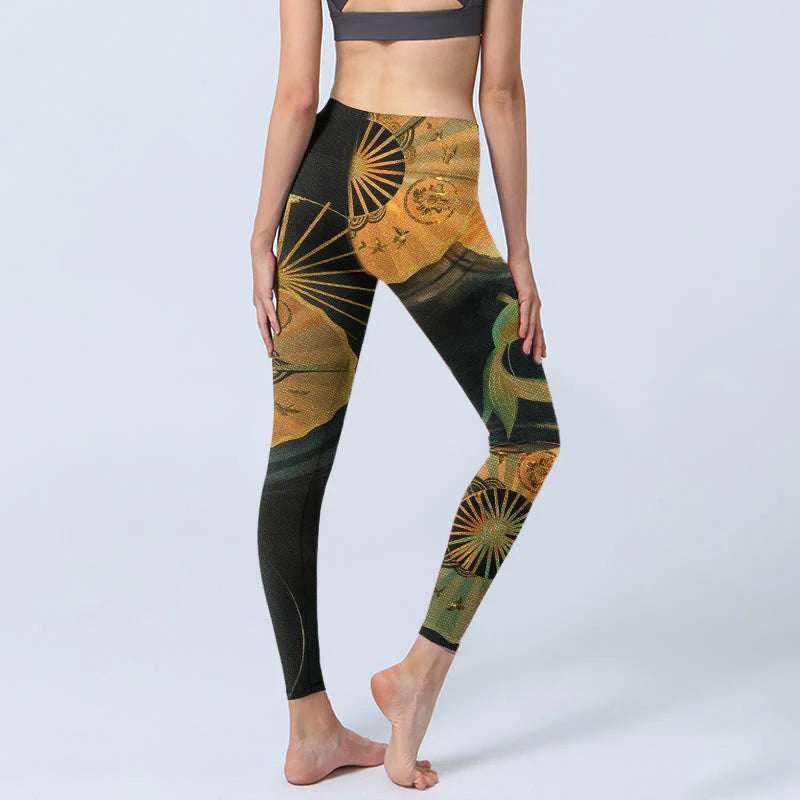 Buddha Stones Gorgeous Folding Fan Koi Fish Print Gym Leggings Women's Yoga Pants