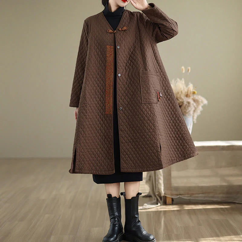 Buddha Stones Diamond Pattern Mid-length Women's Cotton Coat With Pockets