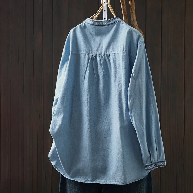 Buddha Stones Geometry Floral Embroidery Cotton Denim Half Buttons Long Sleeve Women's Shirt