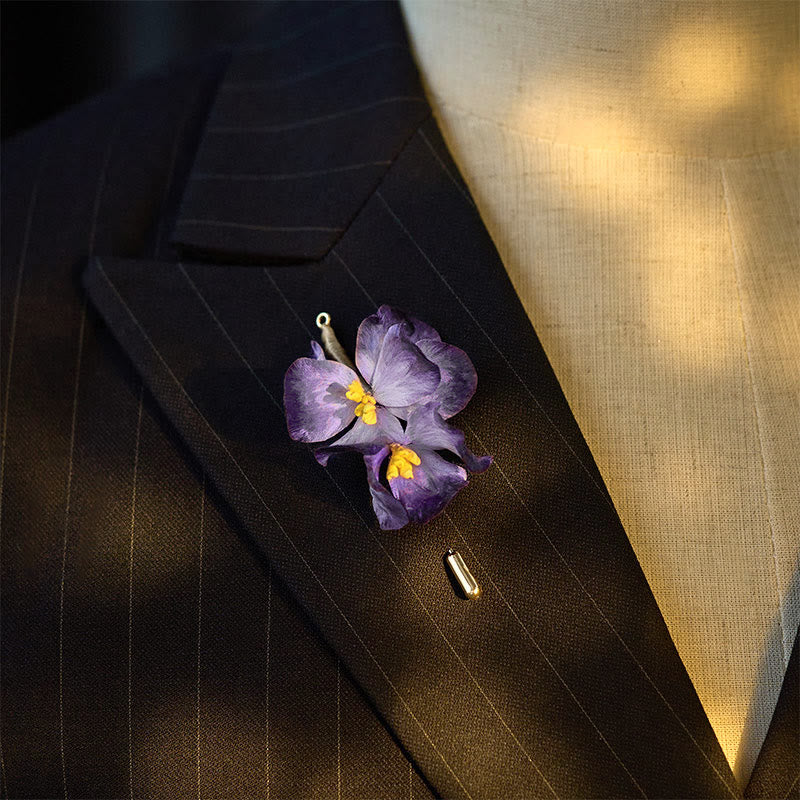 Buddha Stones Handcrafted Silk Art Velvet Flower Light Purple Iris Flower Brooch