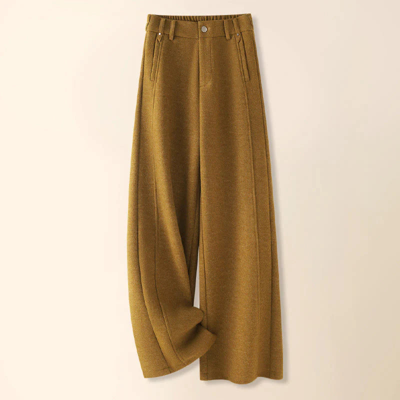 Buddha Stones Plain Button Cotton Thick Wool Women's Wide Leg Pants With Pockets