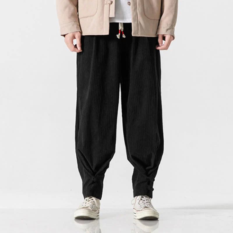 Buddha Stones Fall Winter Men's Pure Color Button Design Cotton Straight Leg Pants With Pockets
