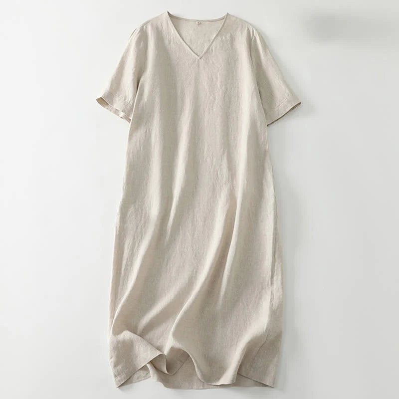 Buddha Stones Summer Casual Plain Design V-Neck Short Sleeve Cotton Linen Midi Dress With Pockets