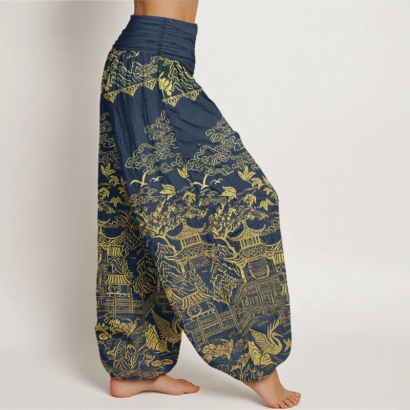 Buddha Stones Cotton Classical Architecture Landscape Animal Auspicious Clouds Pattern Women's Elastic Waist Harem Pants