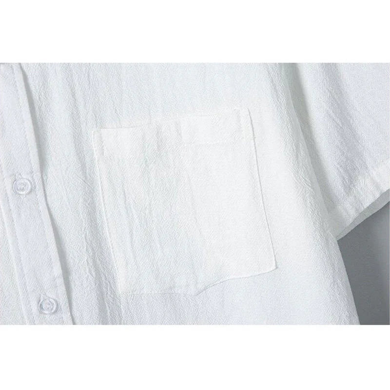 Buddha Stones Daily Printing Solid Color Single Breasted Men's Short Sleeve Cotton Linen Shirt WIth Pockets