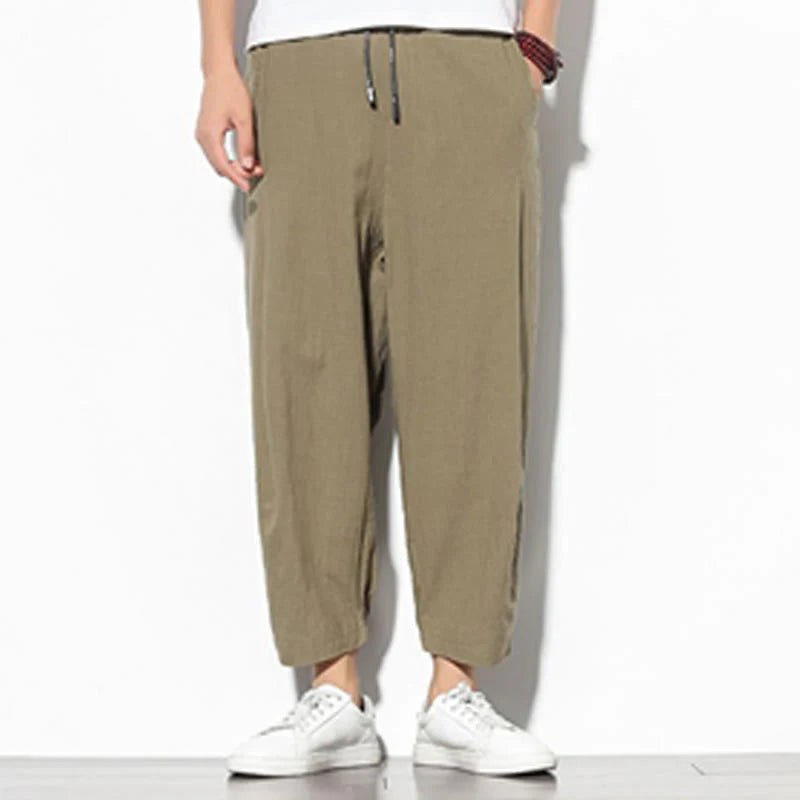 Buddha Stones Summer Men's 7-8 Length Cotton Linen Carrot Pants With Pockets