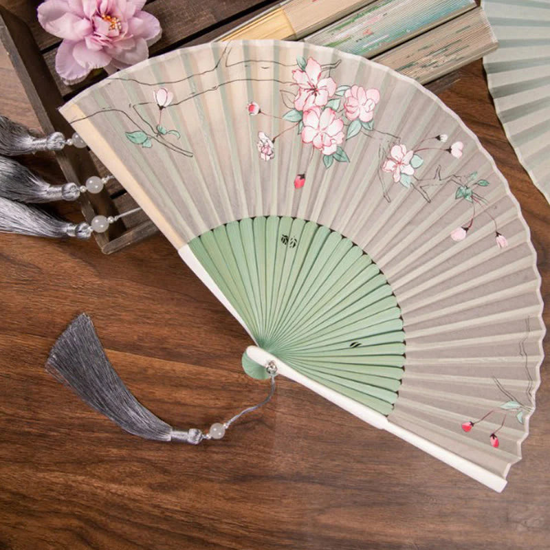 Buddha Stones Jasmine Lotus Begonia Flowers Handheld Bamboo Folding Fan (Extra 30% Off | USE CODE: FS30)