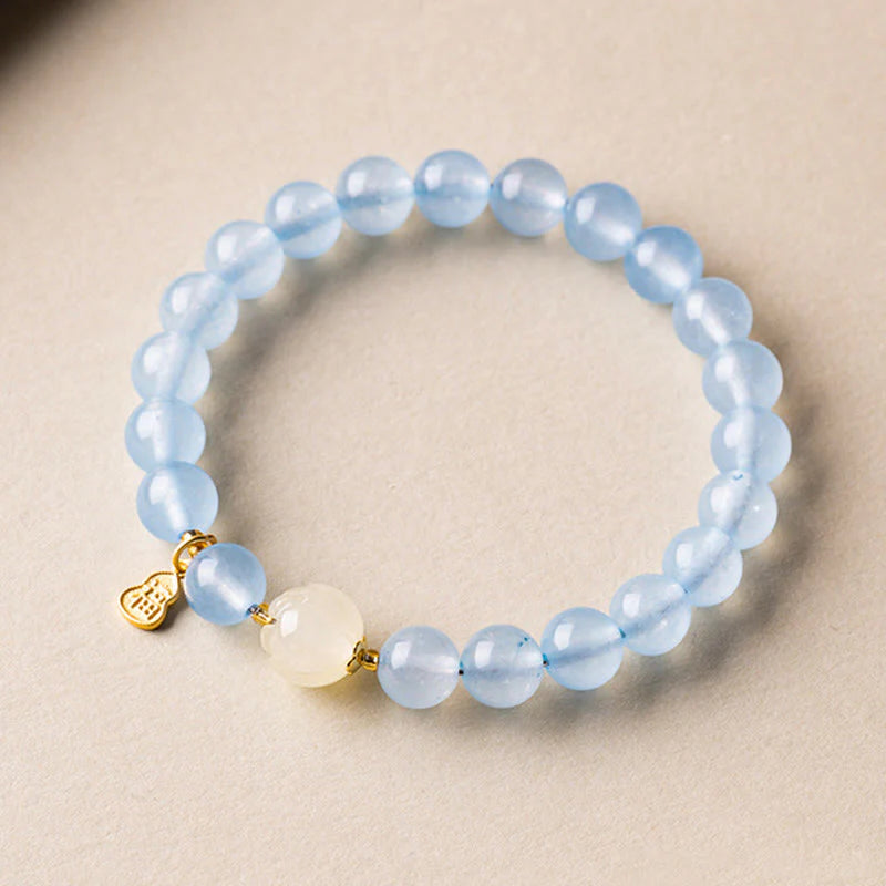 Buddha Stones Natural Aquamarine Fu Character Lucky Fortune Healing Bracelet