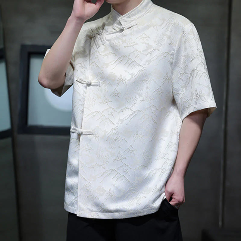 Buddha Stones Summer Mountain Pattern Jacquard Chinese Frog-Button Cotton Short Sleeve Men's Shirt