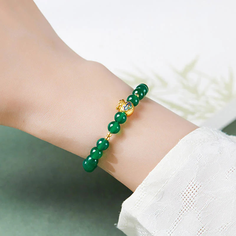 Buddha Stones 999 Sterling Silver Lucky Bag Green Chalcedony Calm Bracelet
