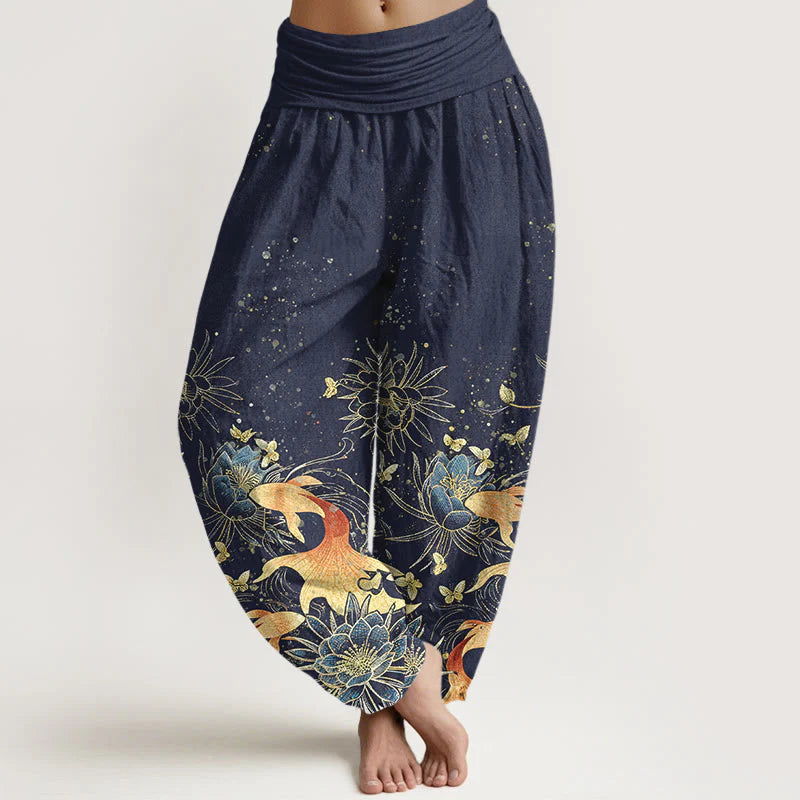 Buddha Stones Cotton Butterfly Koi Fish Lotus Pattern Women's Elastic Waist Harem Pants