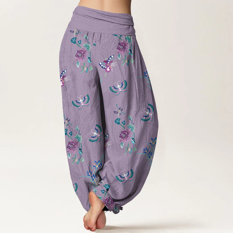 Buddha Stones Pure Cotton Fresh Elegant Butterfly Grass Flower Pattern Women's Elastic Waist Harem Pants