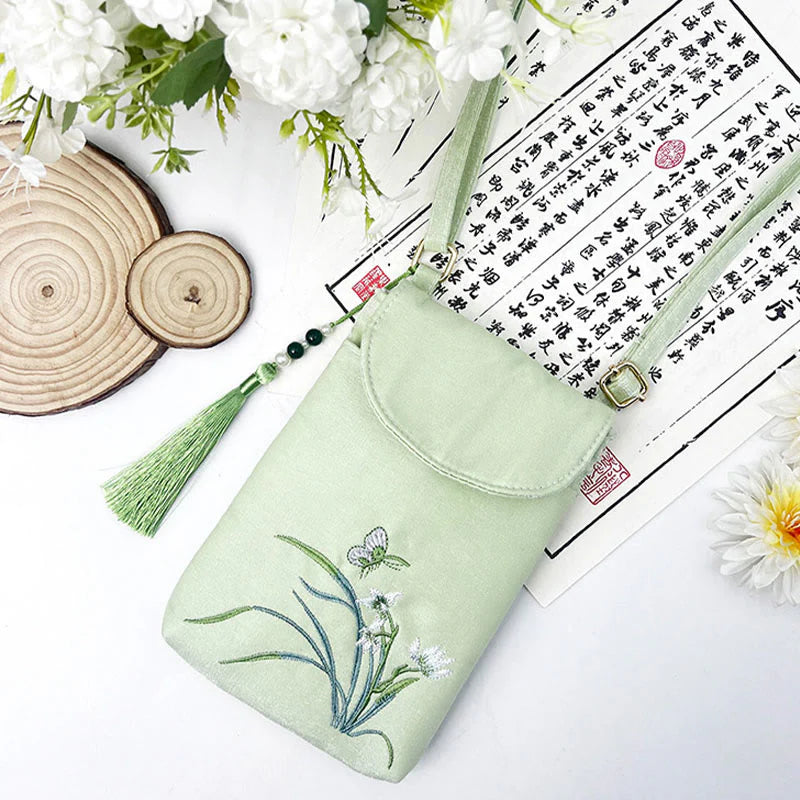 Buddha Stones Small Embroidered Flowers Crossbody Bag Shoulder Bag Double Layer Cellphone Bag
