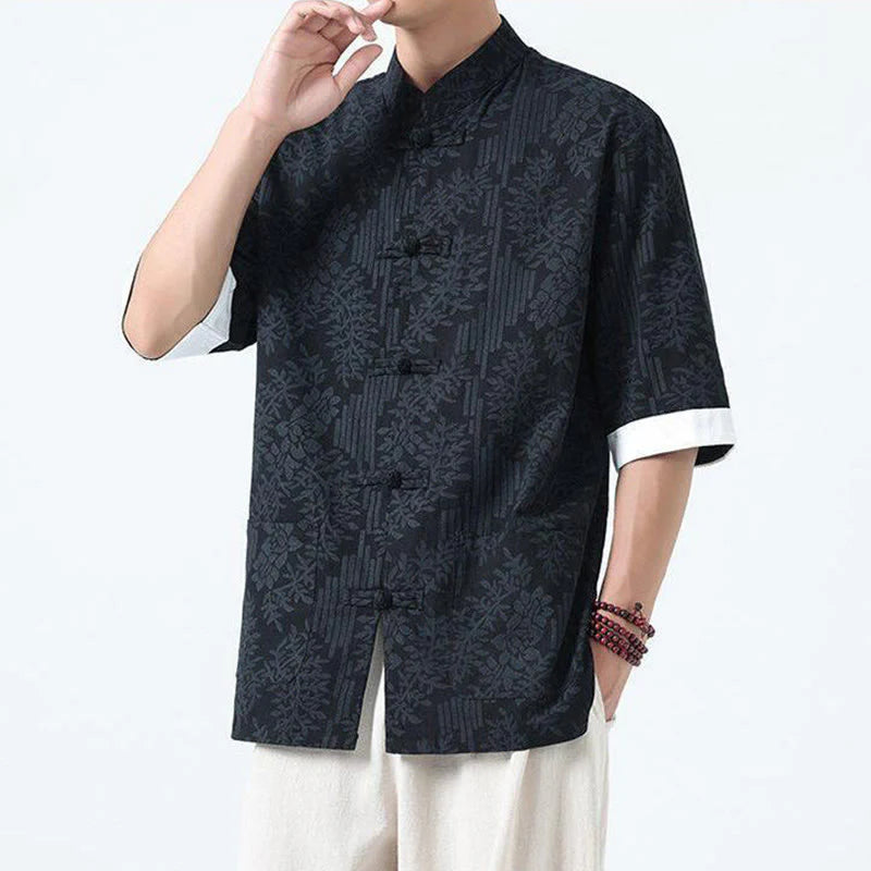 Buddha Stones Summer Flowers Grass Pattern Tang Suit Men's Frog-Button Half Sleeve Cotton Shirt With Pockets