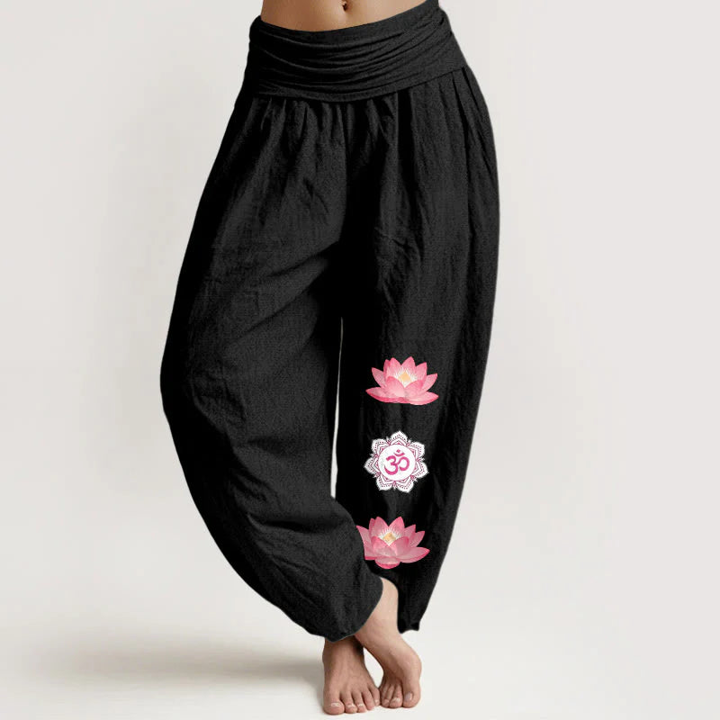 Buddha Stones Cotton Om Lotus Flower Pattern Women's Elastic Waist Harem Pants