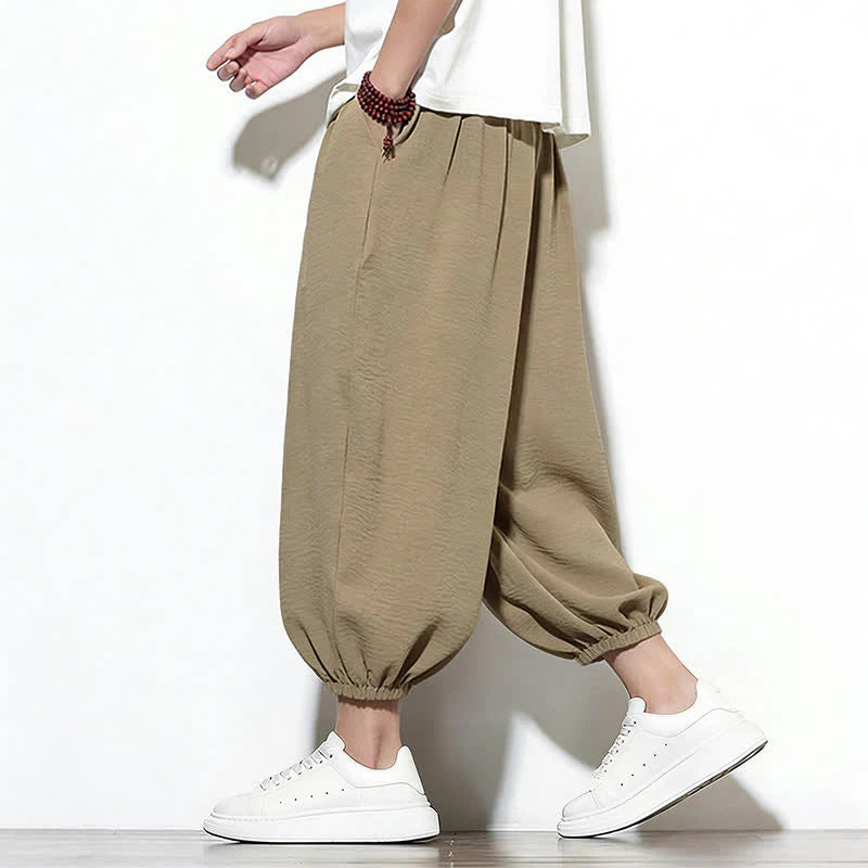 Buddha Stones Spring Solid Color Drawstring Elastic Design Men's Harem Capri Pants