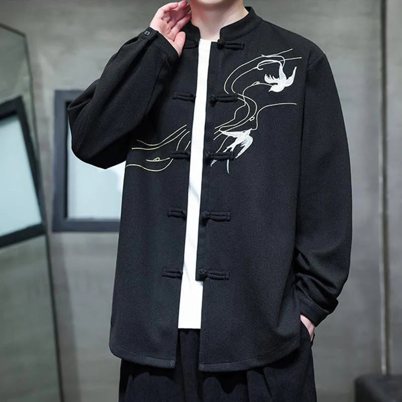 Buddha Stones Frog-Button Swallow Embroidery Stand Collar Long Sleeve Tang Suit Men's Shirt