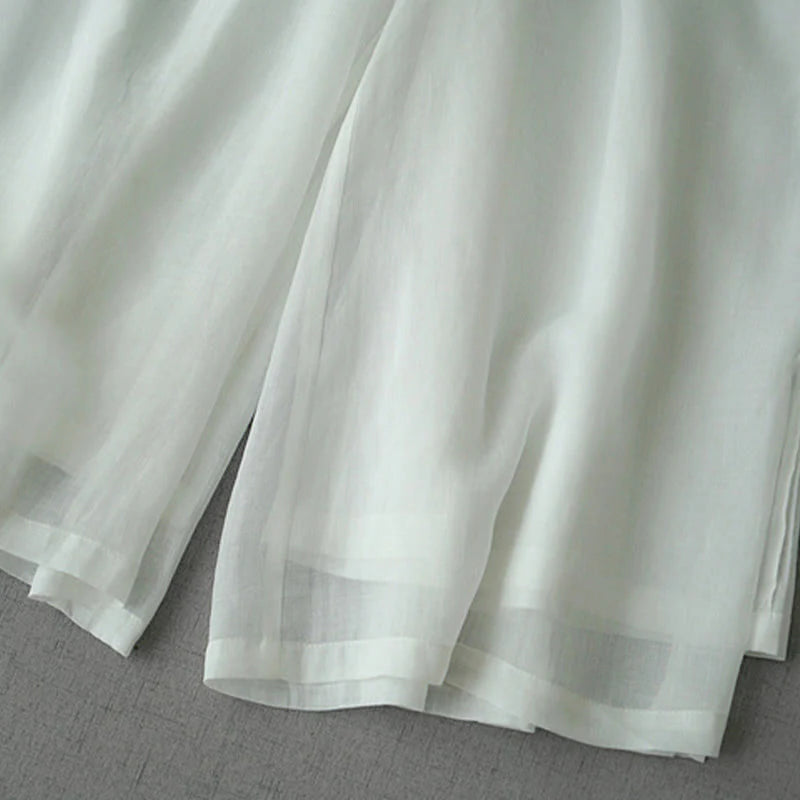 Buddha Stones Casual Plain Ramie Slit 7-8 Length Women's Wide Leg Pants With Pockets