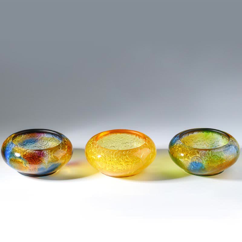 Buddha Stones Handmade Liuli Crystal Treasure Bowl Ingots Art Piece Home Decoration