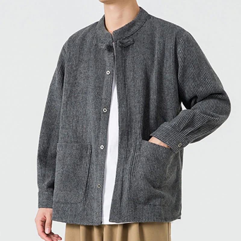 Buddha Stones Solid Color Frog-Button Long Sleeve Men's Cotton Corduroy Jacket With Pockets