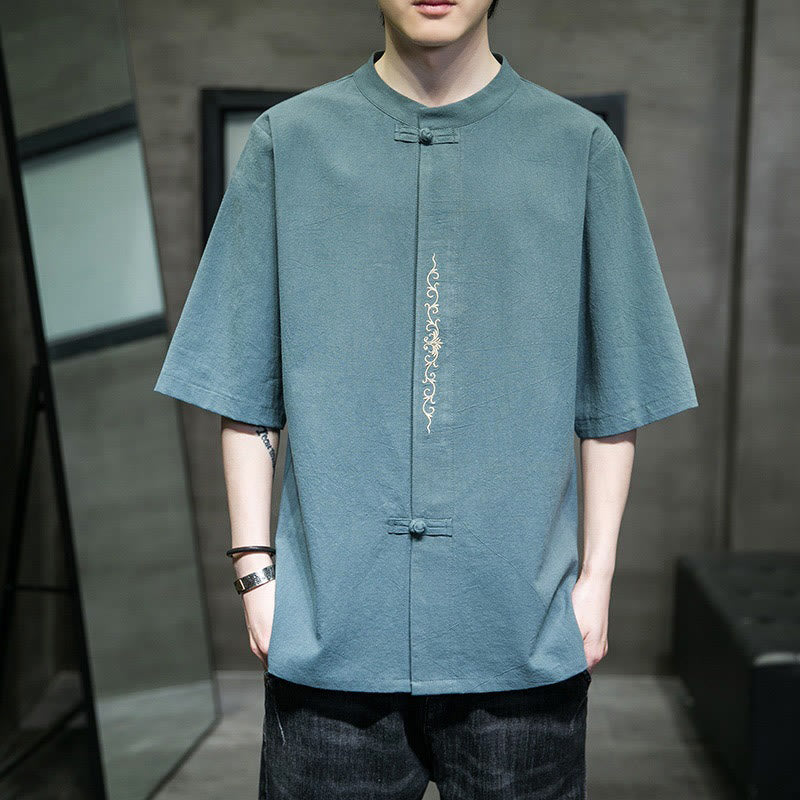 Buddha Stones Casual Solid Color Frog-Button Embroidery Men's Cotton Linen Shirt Cardigan
