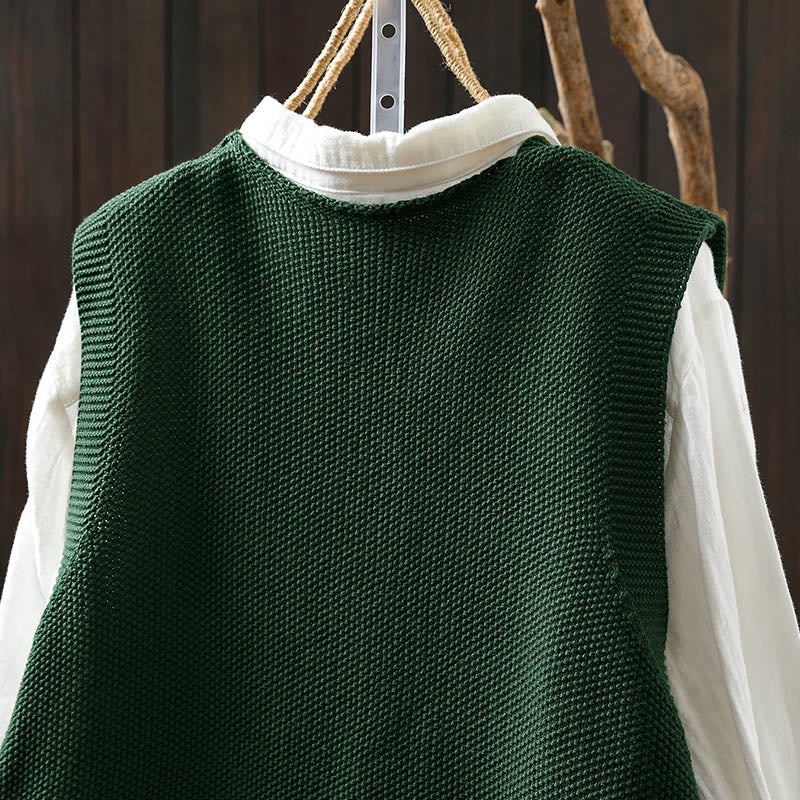 Buddha Stones Figure Rabbit Tree Embroidery Buttons Women's Sleeveless Cotton Knitted Vest Waistcoat