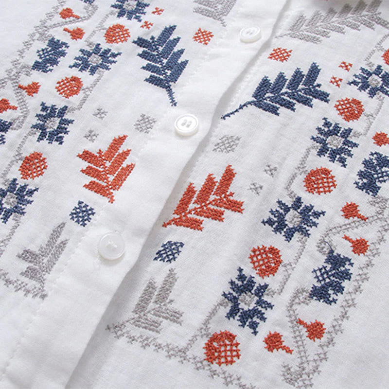Buddha Stones Fall White Geometric Striped Flower Embroidery Button Women's Cotton Long Sleeve Shirt