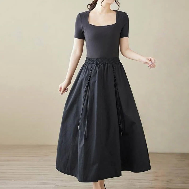 Buddha Stones Summer Casual Pure Color Pleated Design Women's Cotton Skirt