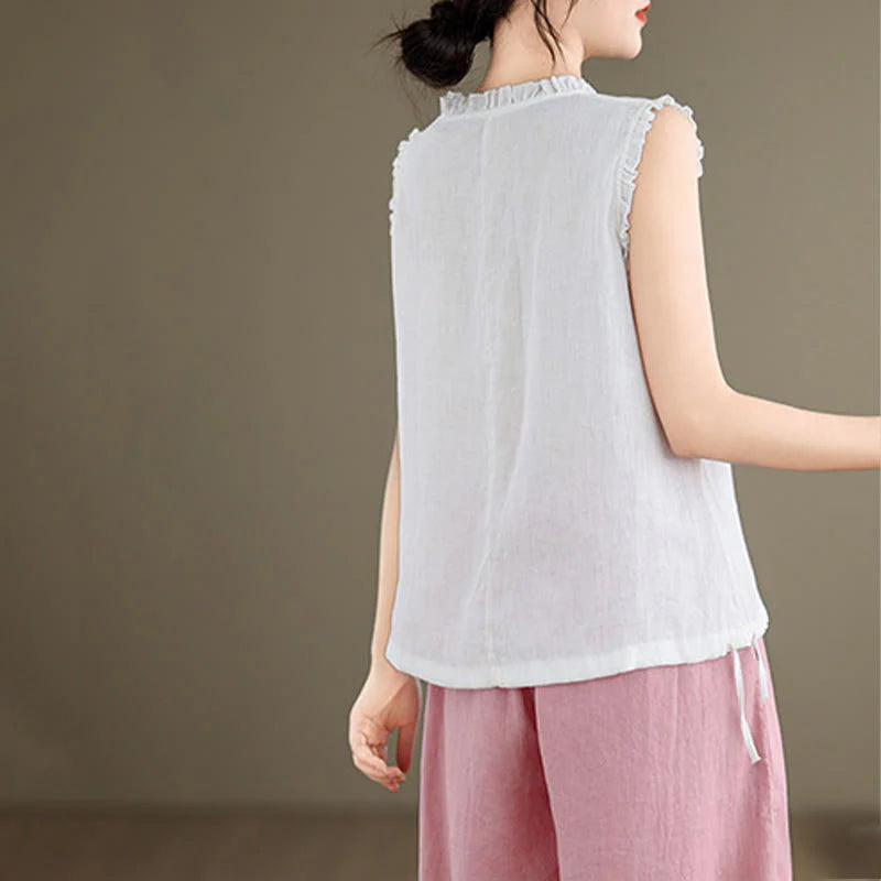 Buddha Stones Summer Ruffled Design Drawstring Crew Neck Cotton Linen Women's Sleeveless Vest